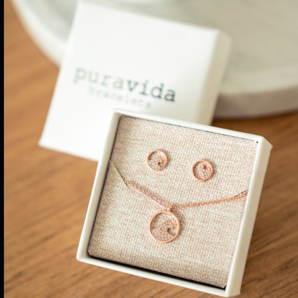 Pura Vida - The Pave Wave Necklace & Earring Set - Rose Gold